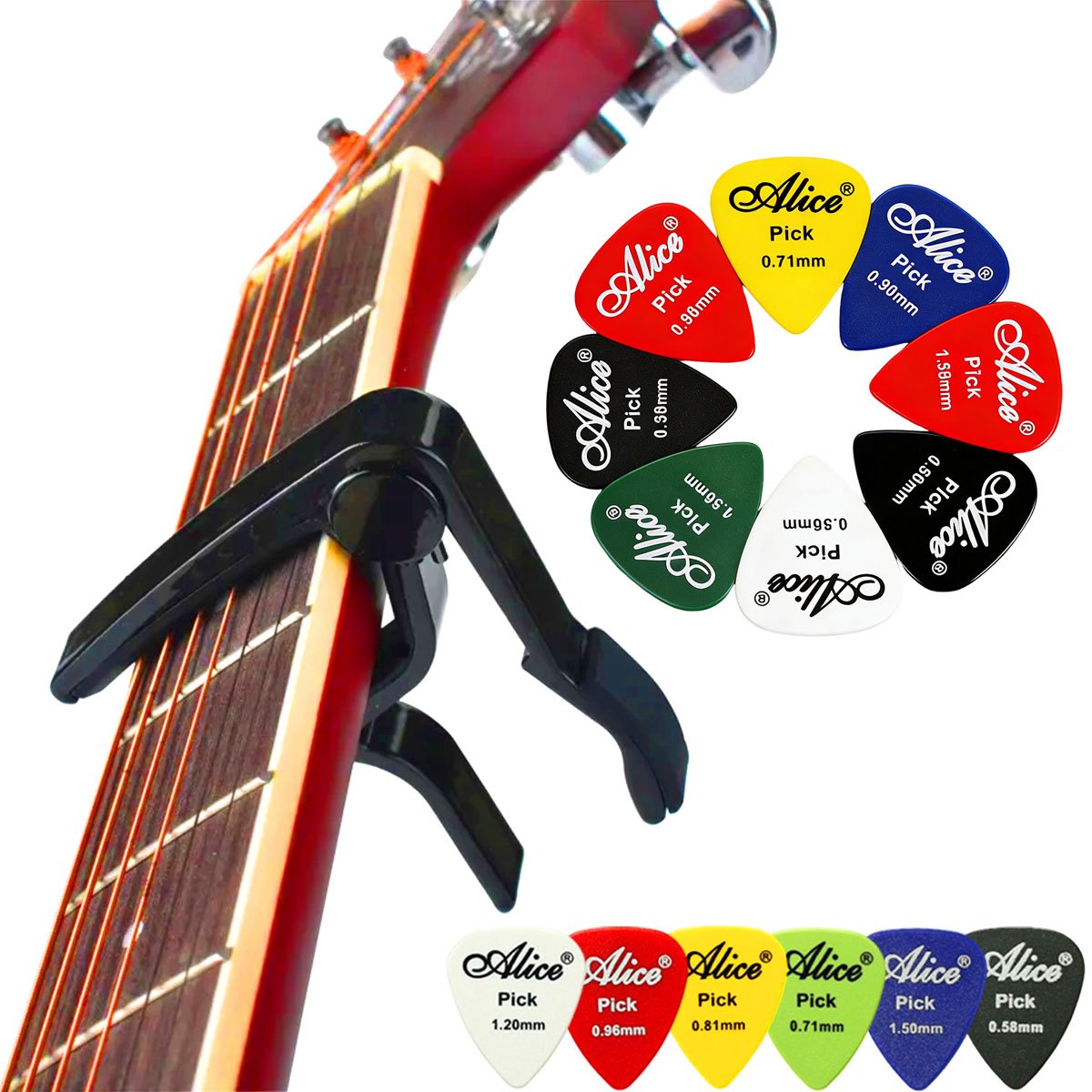 Electric Guitar Pick Pack - Black Alloy Quick Change Guitar Capo